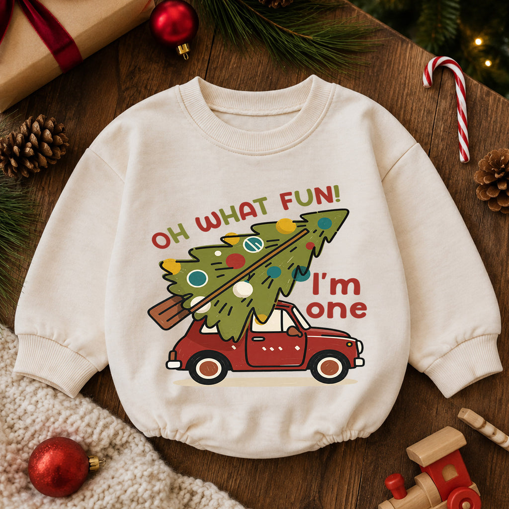 Christmas 1st Birthday Baby Romper, Oh What Fun I'm One Car Outfit, Christmas Tree Toddler Romper, Cute 1st Christmas Gift — product view 6