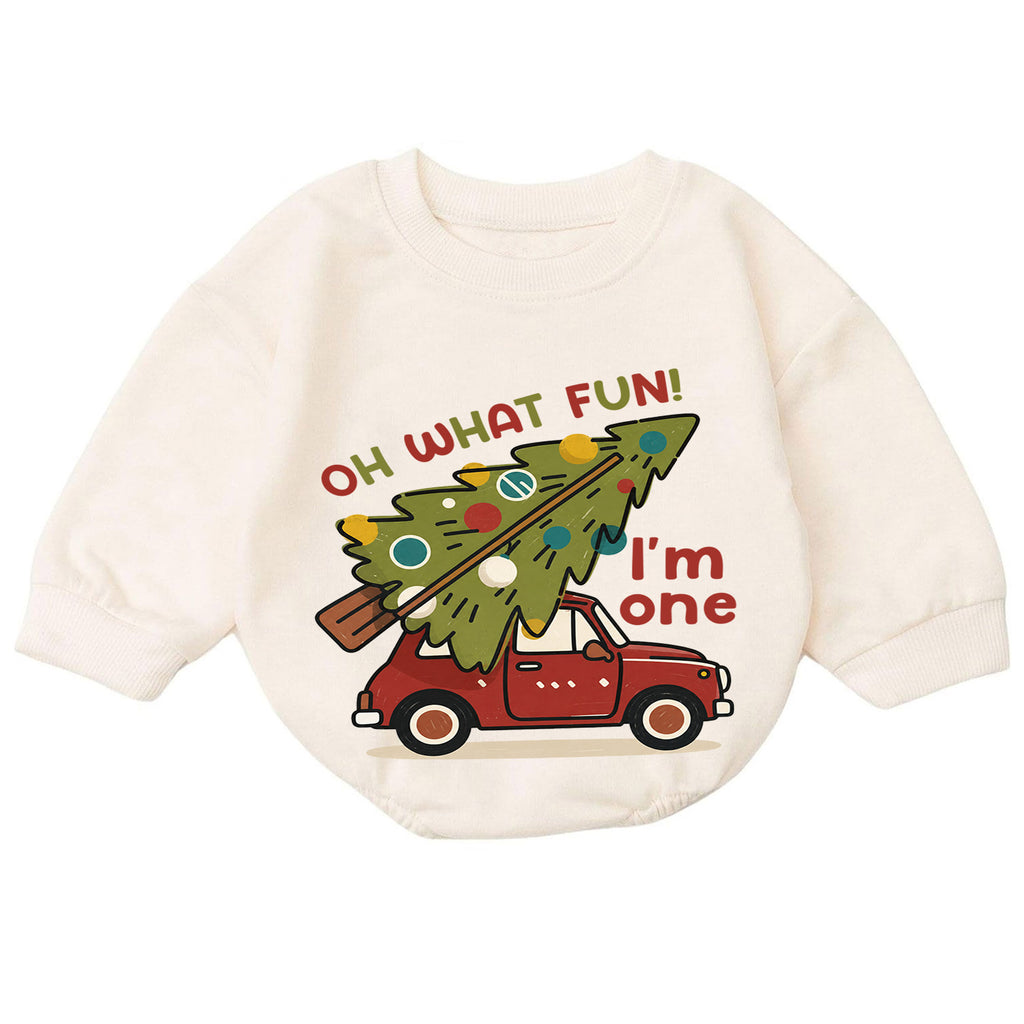 Christmas 1st Birthday Baby Romper, Oh What Fun I'm One Car Outfit, Christmas Tree Toddler Romper, Cute 1st Christmas Gift — product view 7