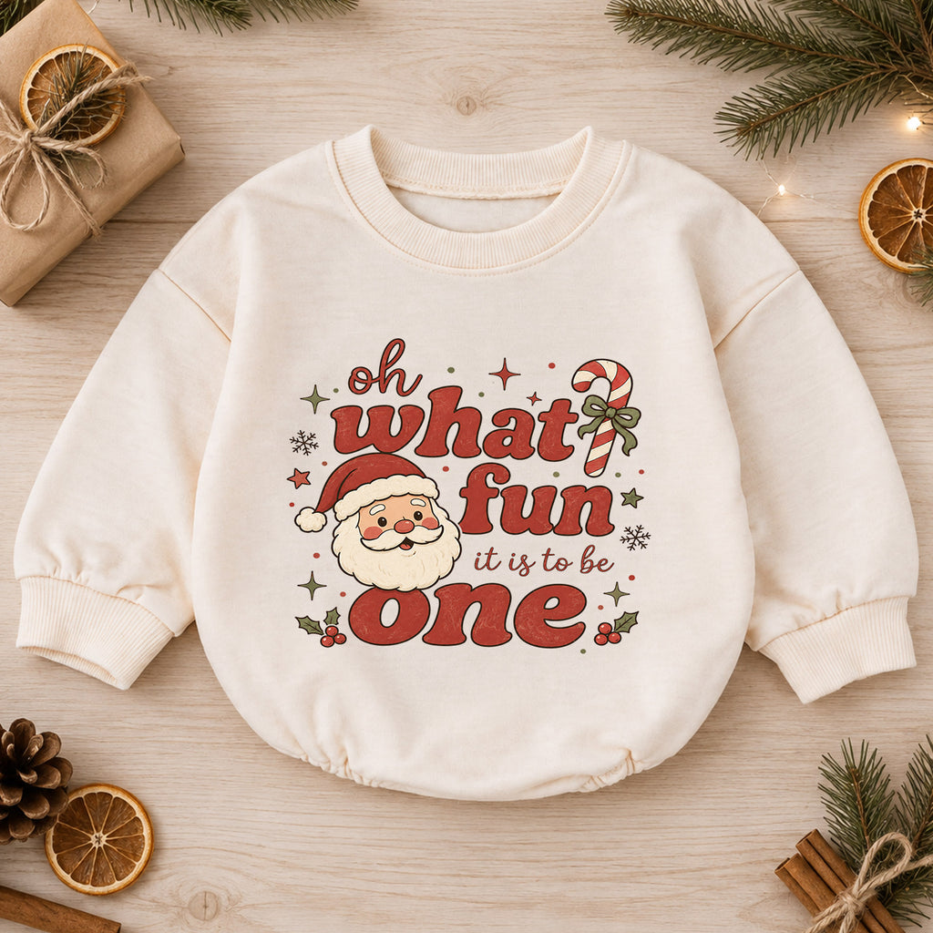 Santa 1st Birthday Christmas Baby Romper, Oh What Fun It Is to Be One Outfit, Toddler Holiday Romper, 1st Christmas Gift — product view 1