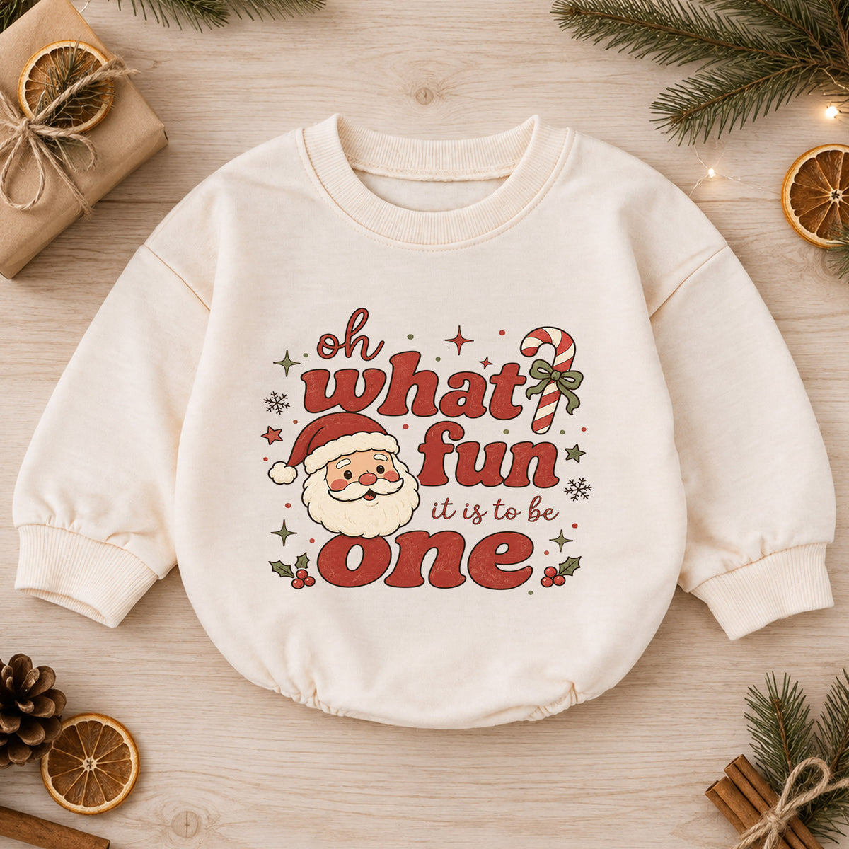 Santa 1st Birthday Christmas Baby Romper, Oh What Fun It Is to Be One Outfit, Toddler Holiday Romper, 1st Christmas Gift — product view 1
