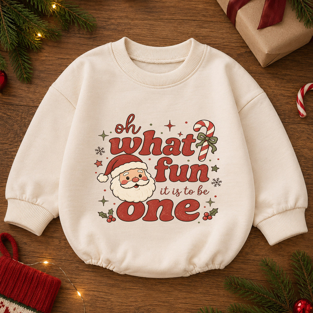 Santa 1st Birthday Christmas Baby Romper, Oh What Fun It Is to Be One Outfit, Toddler Holiday Romper, 1st Christmas Gift — product view 2