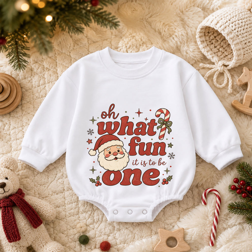 Santa 1st Birthday Christmas Baby Romper, Oh What Fun It Is to Be One Outfit, Toddler Holiday Romper, 1st Christmas Gift — product view 3