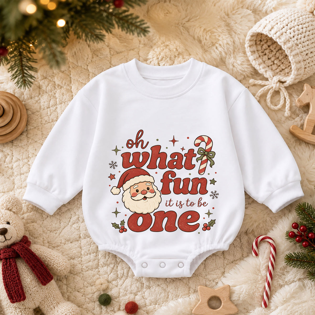 Santa 1st Birthday Christmas Baby Romper, Oh What Fun It Is to Be One Outfit, Toddler Holiday Romper, 1st Christmas Gift — product view 3