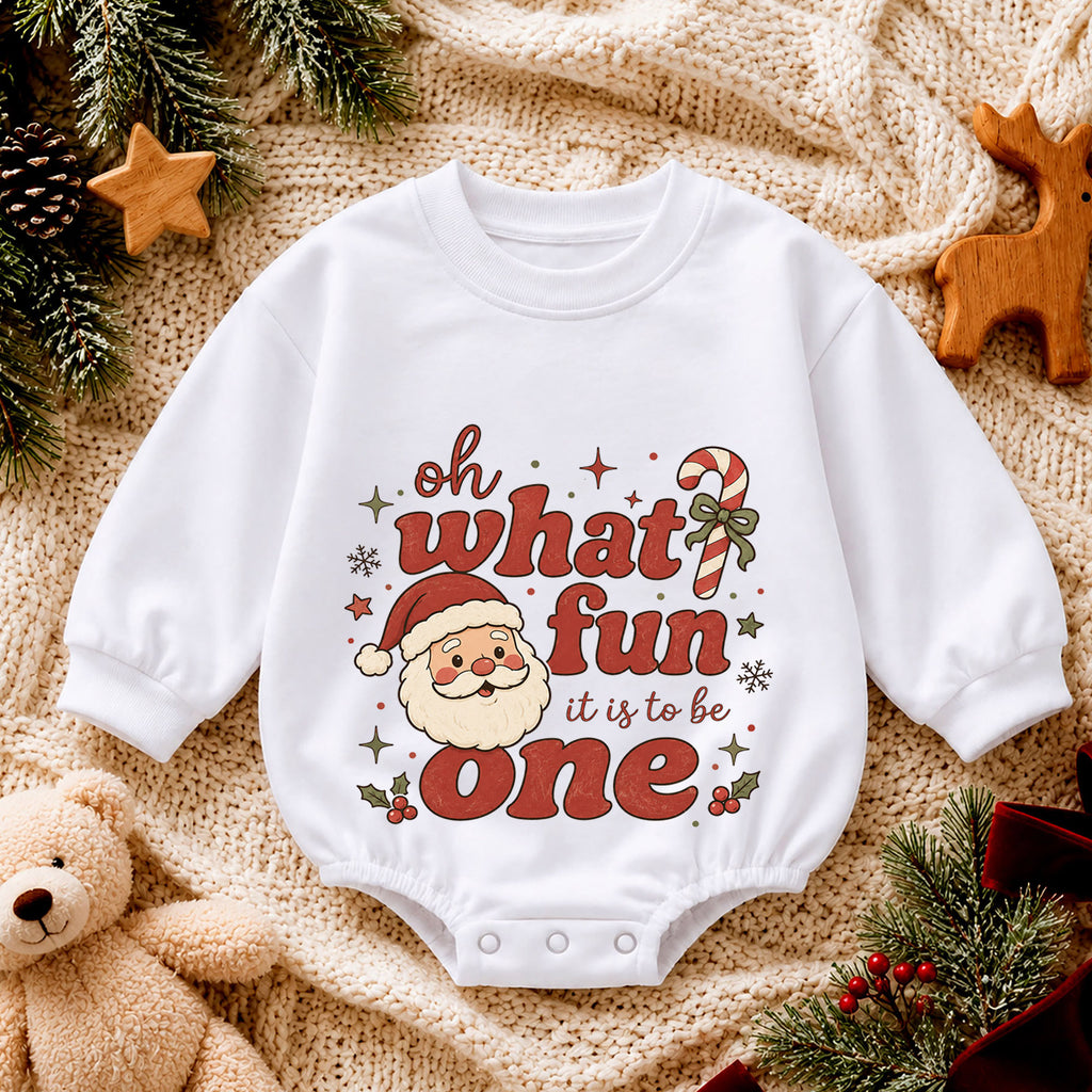 Santa 1st Birthday Christmas Baby Romper, Oh What Fun It Is to Be One Outfit, Toddler Holiday Romper, 1st Christmas Gift — product view 4