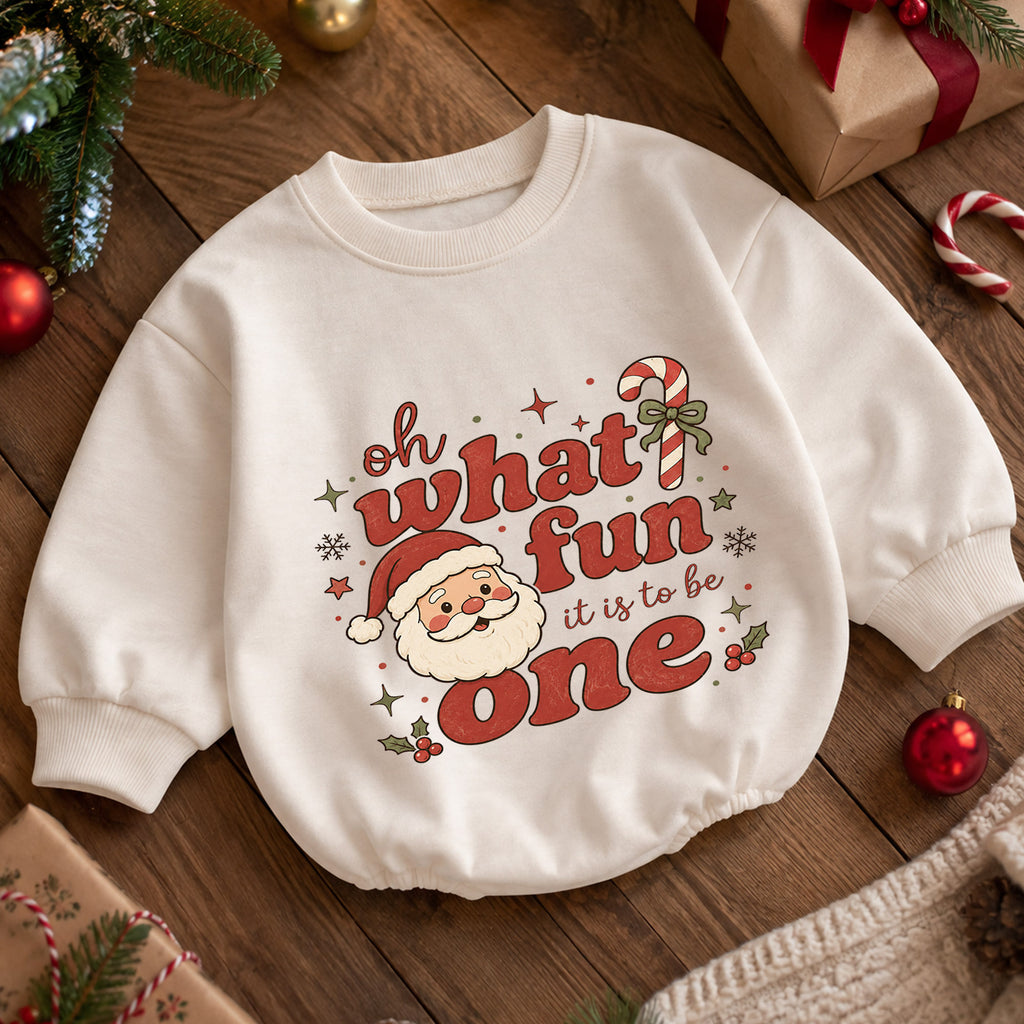Santa 1st Birthday Christmas Baby Romper, Oh What Fun It Is to Be One Outfit, Toddler Holiday Romper, 1st Christmas Gift — product view 5