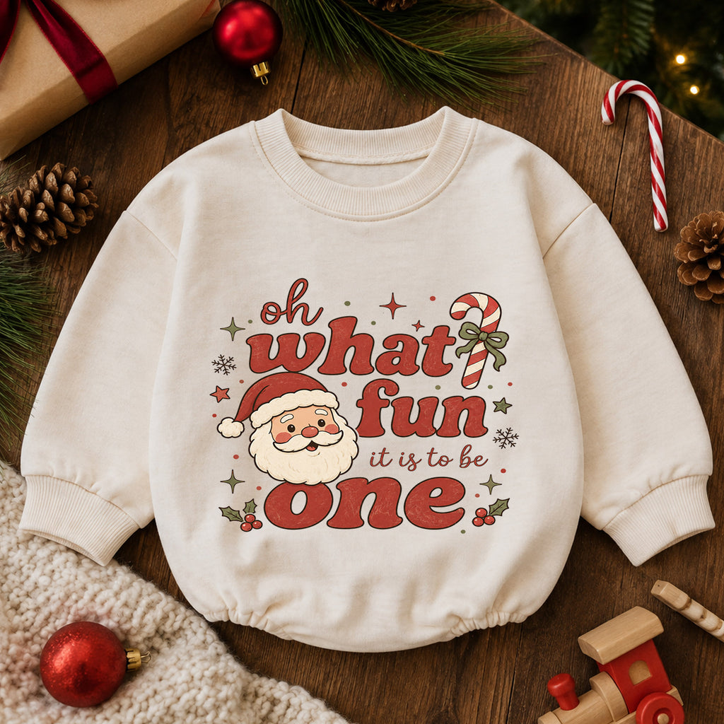 Santa 1st Birthday Christmas Baby Romper, Oh What Fun It Is to Be One Outfit, Toddler Holiday Romper, 1st Christmas Gift — product view 6