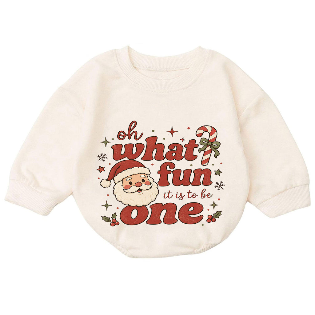 Santa 1st Birthday Christmas Baby Romper, Oh What Fun It Is to Be One Outfit, Toddler Holiday Romper, 1st Christmas Gift — product view 7