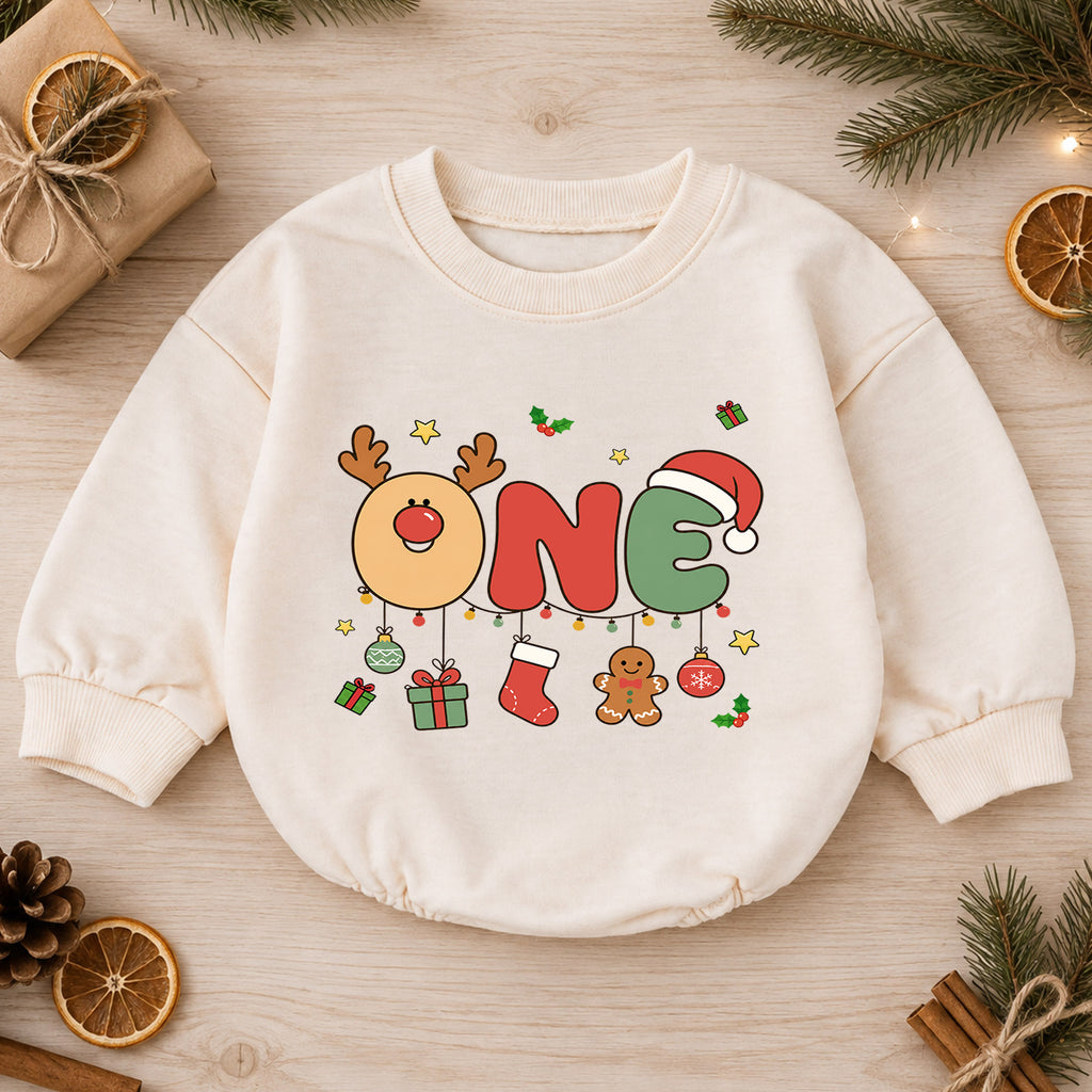 Reindeer 1st Birthday Christmas Baby Romper, Cute One Holiday Outfit, Gingerbread Toddler Romper, 1st Christmas Gift for Baby — product view 1