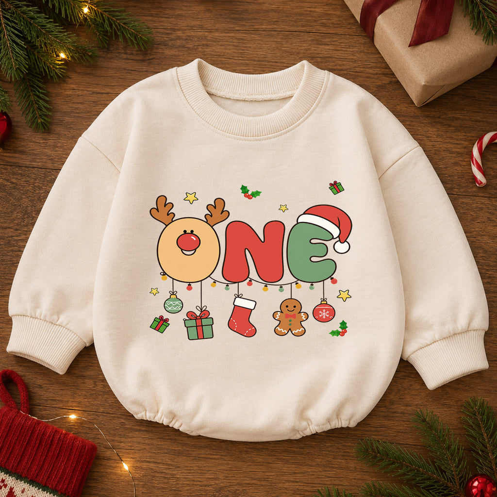 Reindeer 1st Birthday Christmas Baby Romper, Cute One Holiday Outfit, Gingerbread Toddler Romper, 1st Christmas Gift for Baby — product view 2