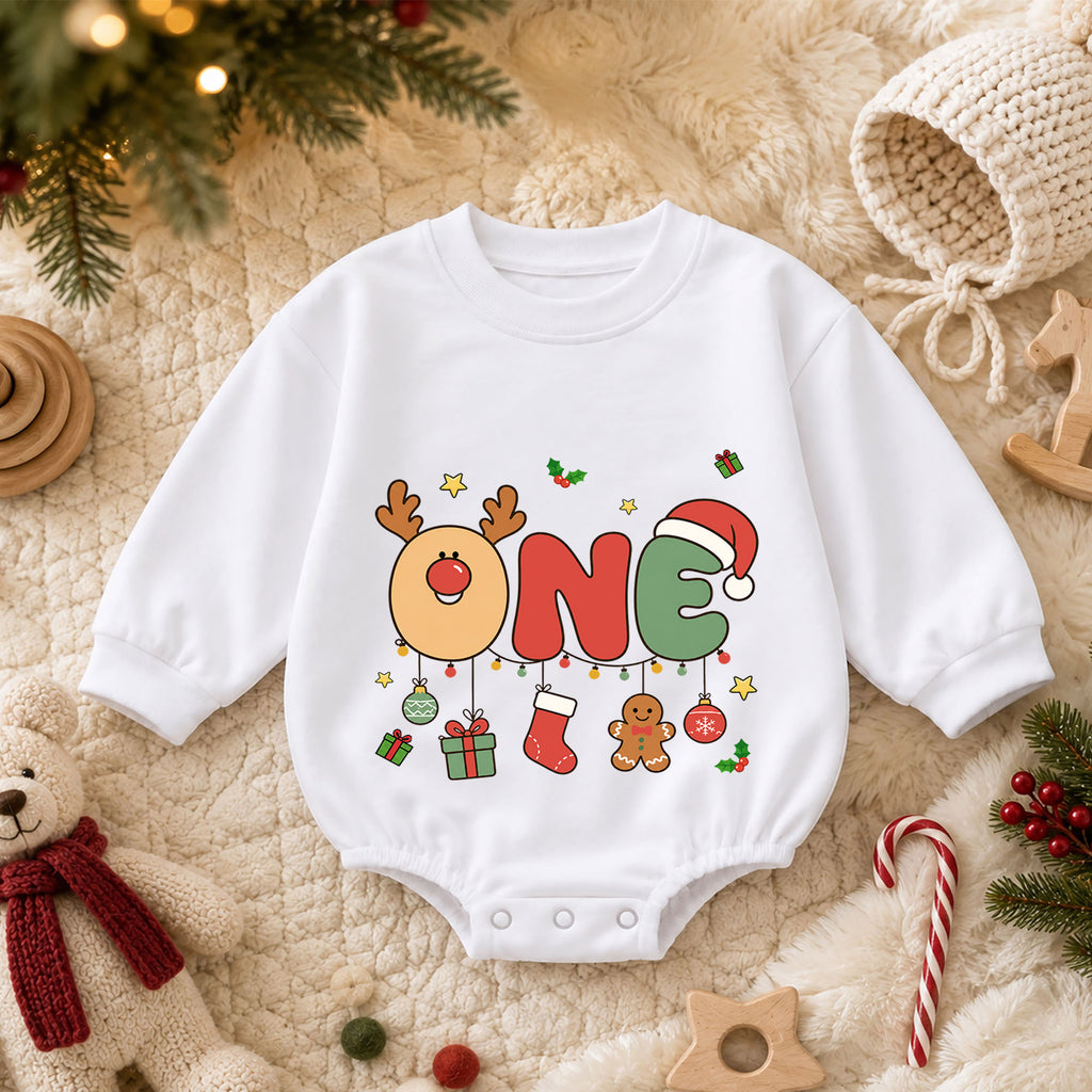 Reindeer 1st Birthday Christmas Baby Romper, Cute One Holiday Outfit, Gingerbread Toddler Romper, 1st Christmas Gift for Baby — product view 3