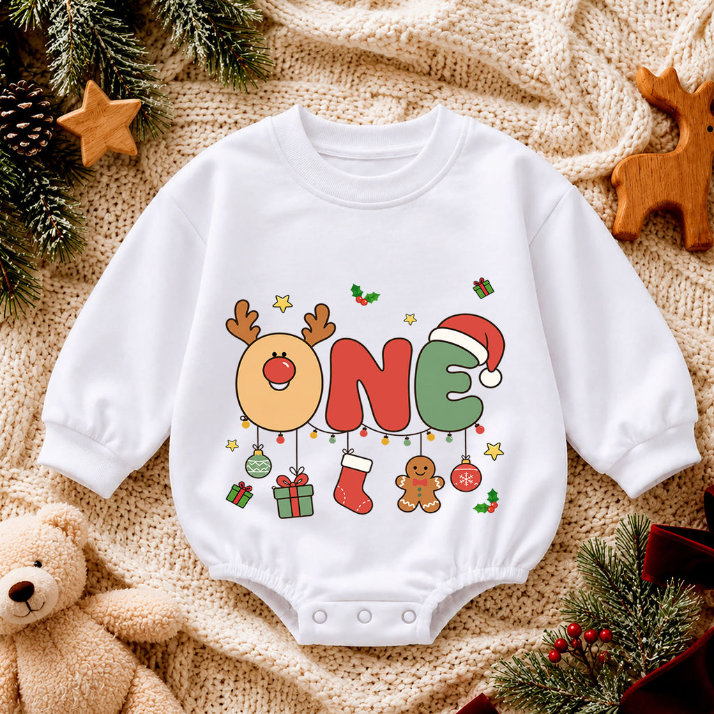 Reindeer 1st Birthday Christmas Baby Romper, Cute One Holiday Outfit, Gingerbread Toddler Romper, 1st Christmas Gift for Baby — product view 4