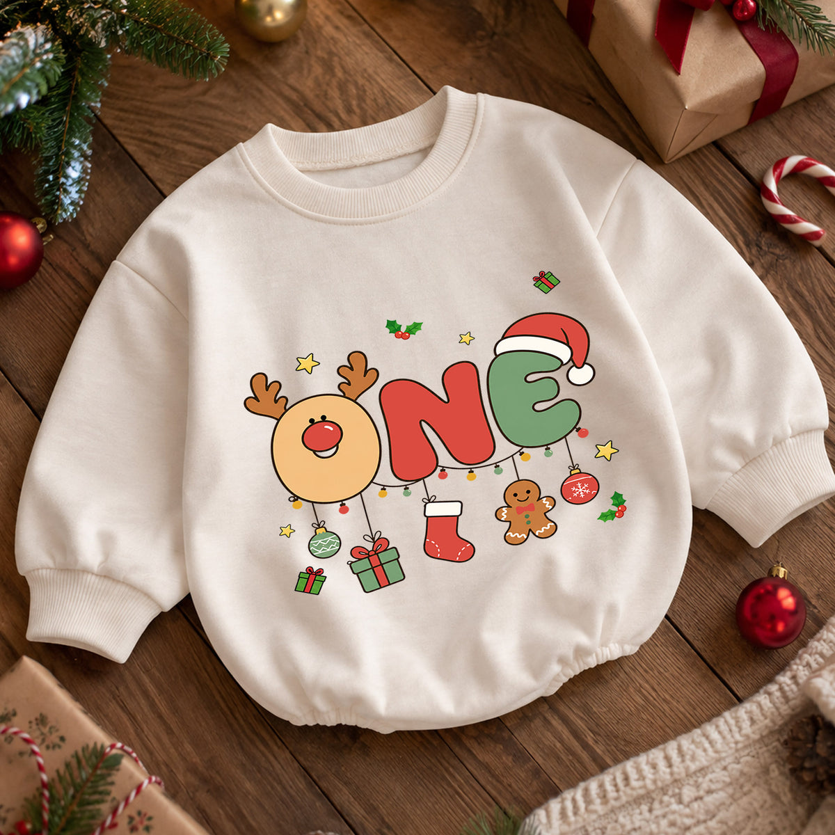 Reindeer 1st Birthday Christmas Baby Romper, Cute One Holiday Outfit, Gingerbread Toddler Romper, 1st Christmas Gift for Baby — product view 5