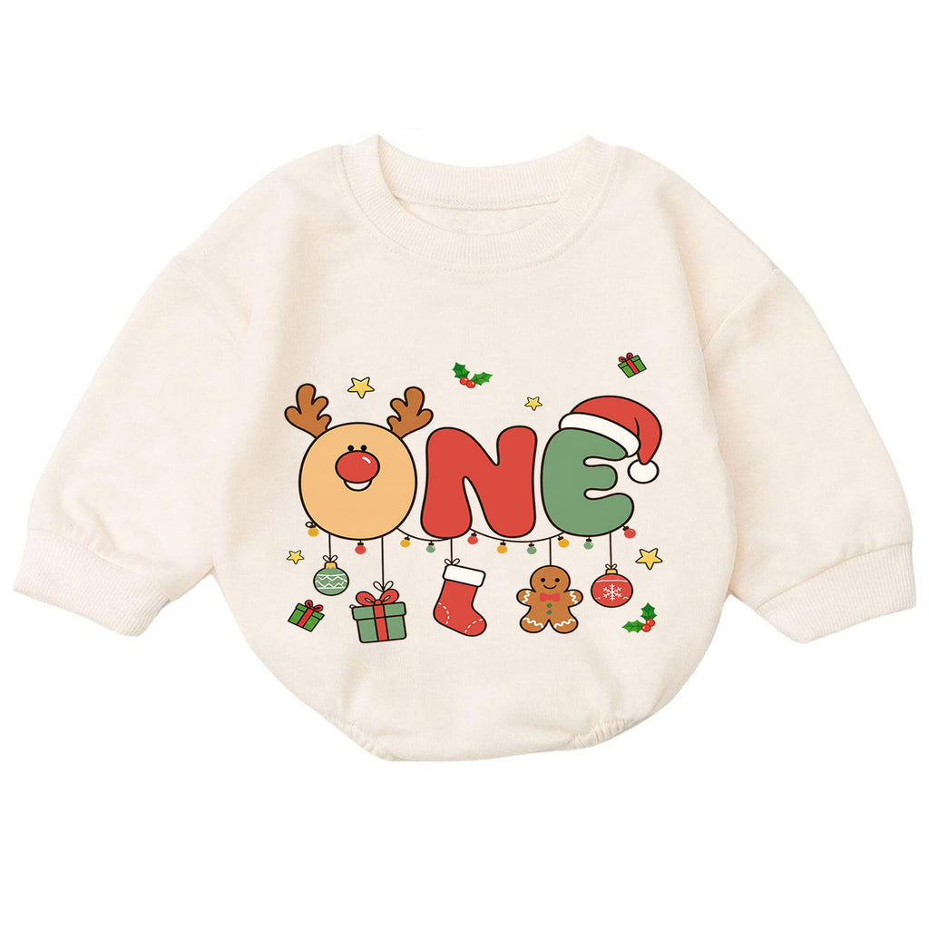 Reindeer 1st Birthday Christmas Baby Romper, Cute One Holiday Outfit, Gingerbread Toddler Romper, 1st Christmas Gift for Baby — product view 7