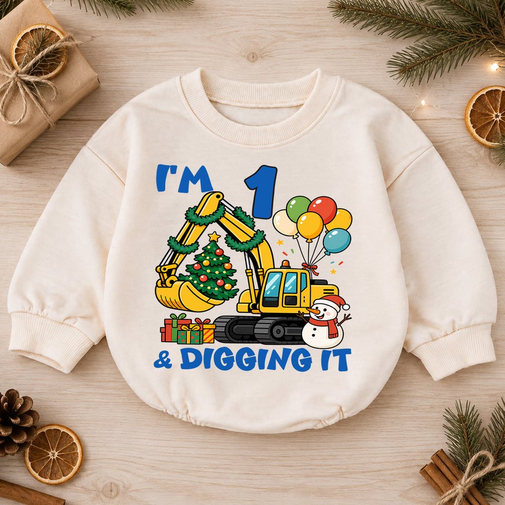 I'm 1 and Digging It Christmas Baby Romper, Excavator 1st Birthday Outfit, Construction Toddler Romper, Holiday Gift for Boy — product view 1