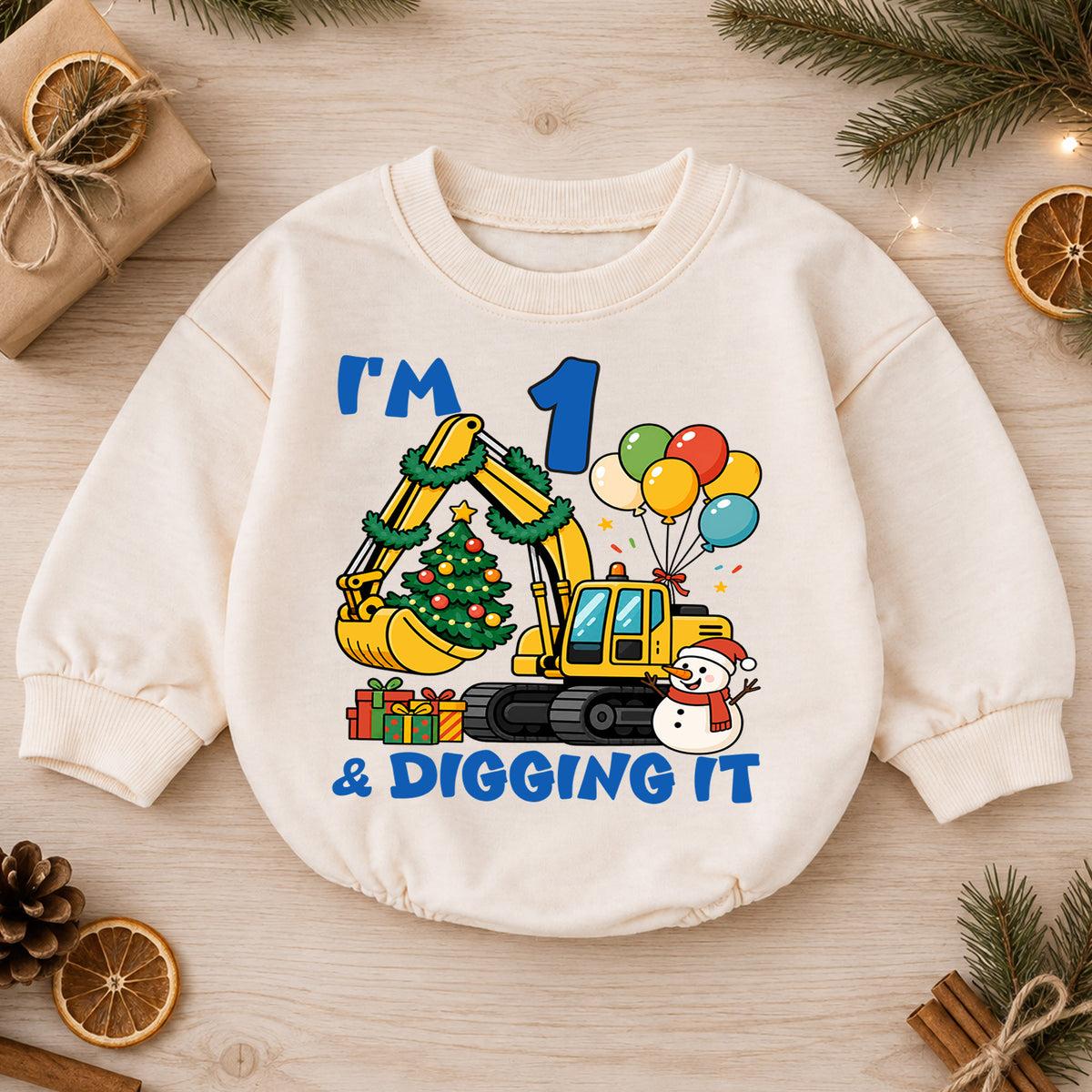 I'm 1 and Digging It Christmas Baby Romper, Excavator 1st Birthday Outfit, Construction Toddler Romper, Holiday Gift for Boy — product view 1