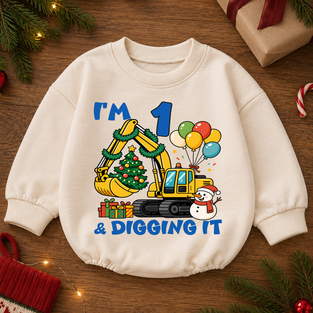 I'm 1 and Digging It Christmas Baby Romper, Excavator 1st Birthday Outfit, Construction Toddler Romper, Holiday Gift for Boy — product view 2