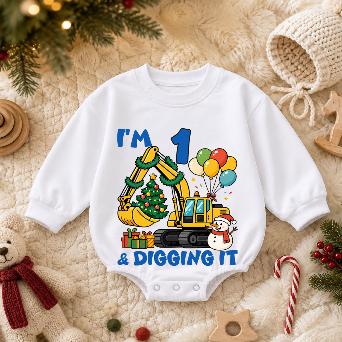 I'm 1 and Digging It Christmas Baby Romper, Excavator 1st Birthday Outfit, Construction Toddler Romper, Holiday Gift for Boy — product view 3