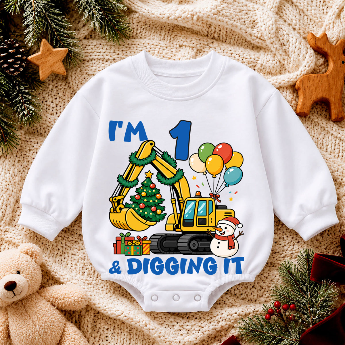 I'm 1 and Digging It Christmas Baby Romper, Excavator 1st Birthday Outfit, Construction Toddler Romper, Holiday Gift for Boy — product view 4