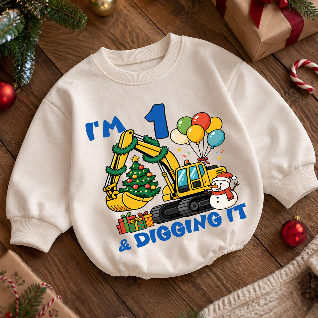 I'm 1 and Digging It Christmas Baby Romper, Excavator 1st Birthday Outfit, Construction Toddler Romper, Holiday Gift for Boy — product view 5