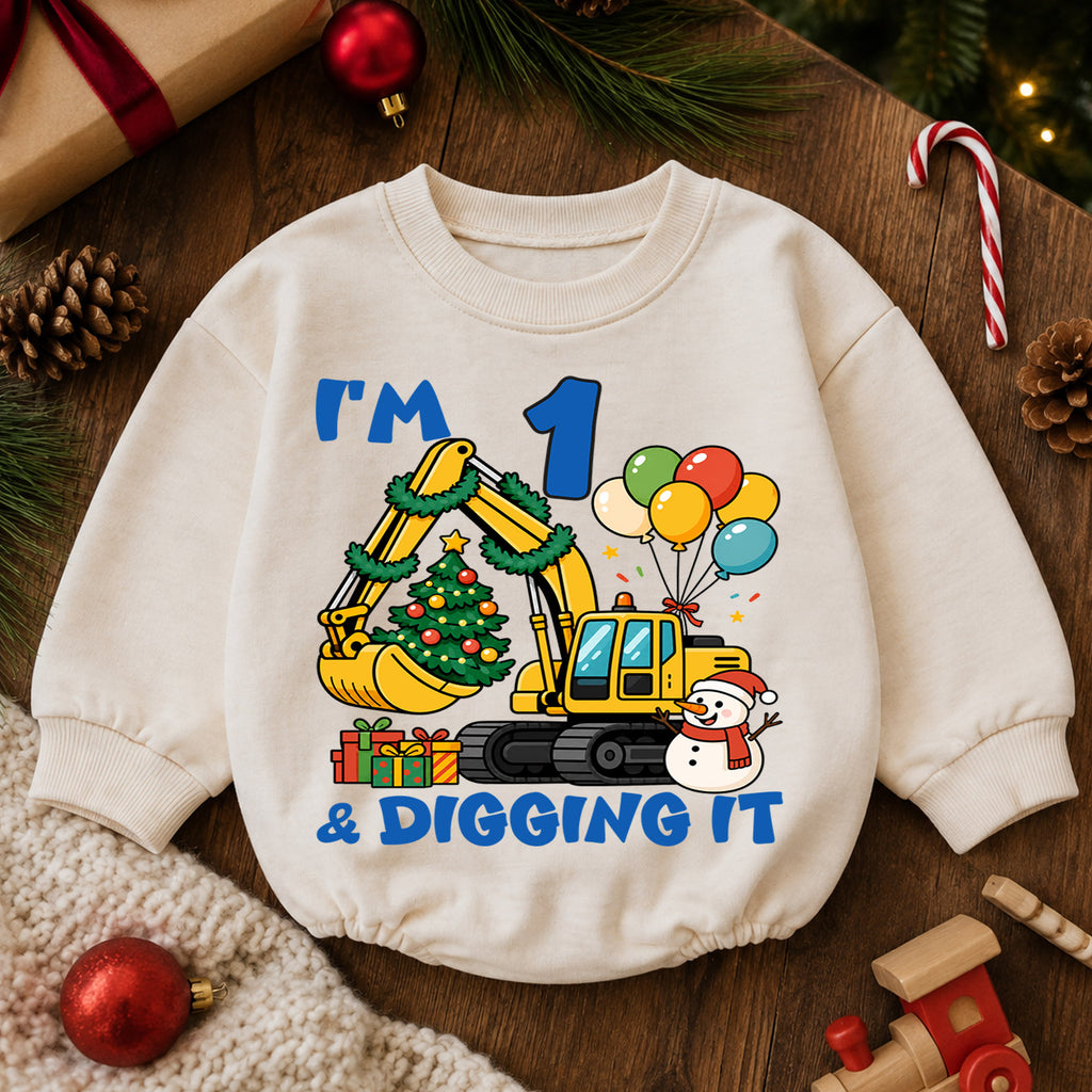 I'm 1 and Digging It Christmas Baby Romper, Excavator 1st Birthday Outfit, Construction Toddler Romper, Holiday Gift for Boy — product view 6