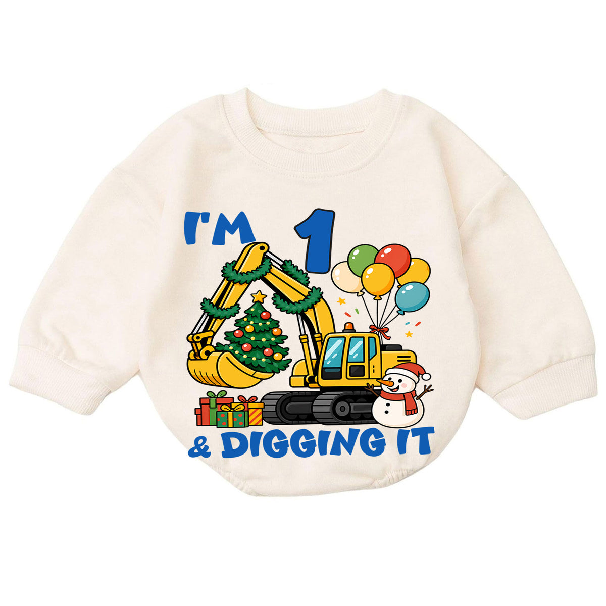 I'm 1 and Digging It Christmas Baby Romper, Excavator 1st Birthday Outfit, Construction Toddler Romper, Holiday Gift for Boy — product view 7