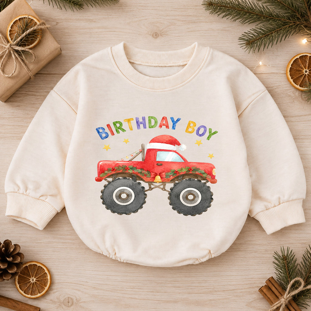 Christmas Birthday Boy Baby Romper, Red Monster Truck Holiday Outfit, Toddler Christmas Romper, 1st Birthday Gift for Boy — product view 1