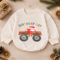 Christmas Birthday Boy Baby Romper, Red Monster Truck Holiday Outfit, Toddler Christmas Romper, 1st Birthday Gift for Boy — product view 1