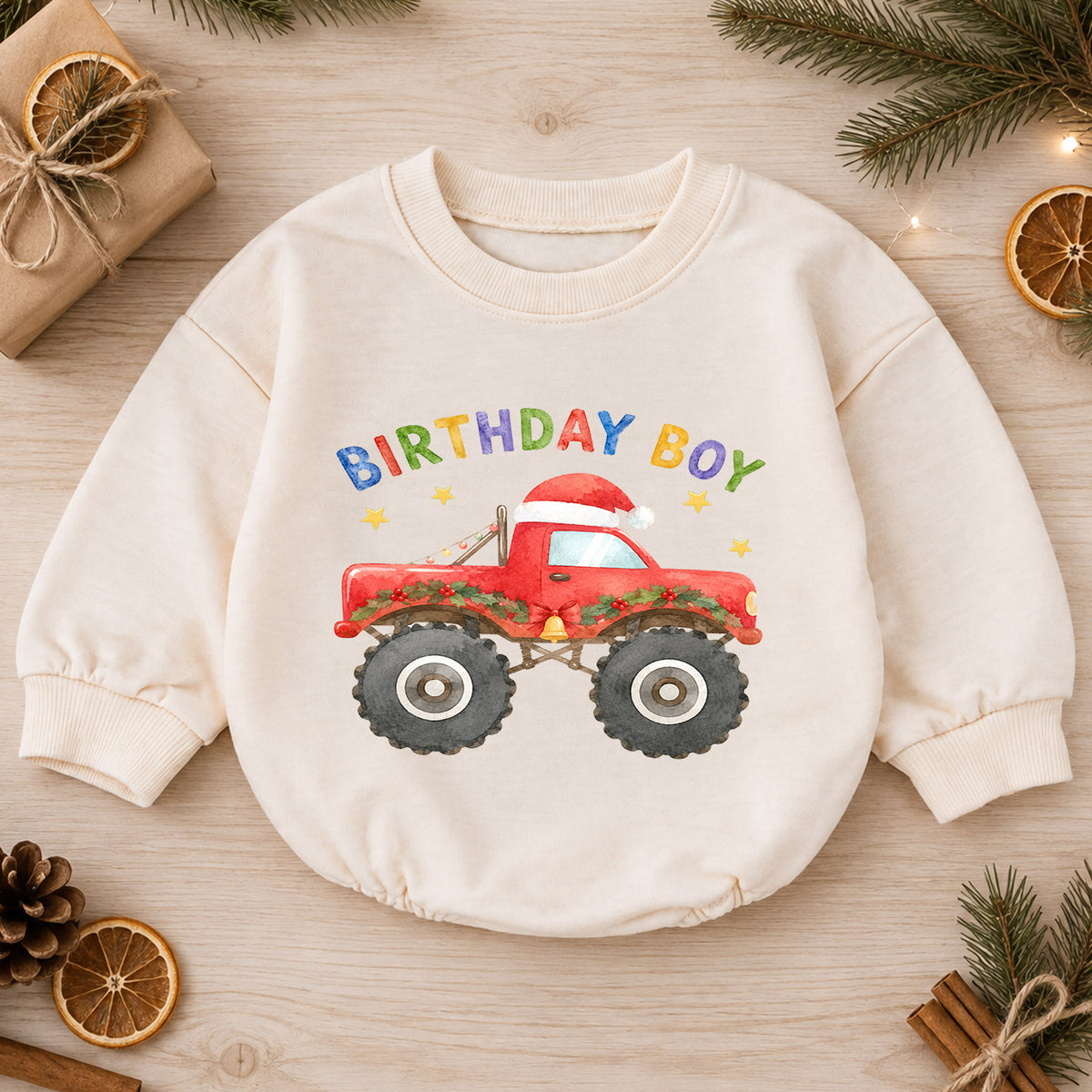 Christmas Birthday Boy Baby Romper, Red Monster Truck Holiday Outfit, Toddler Christmas Romper, 1st Birthday Gift for Boy — product view 1