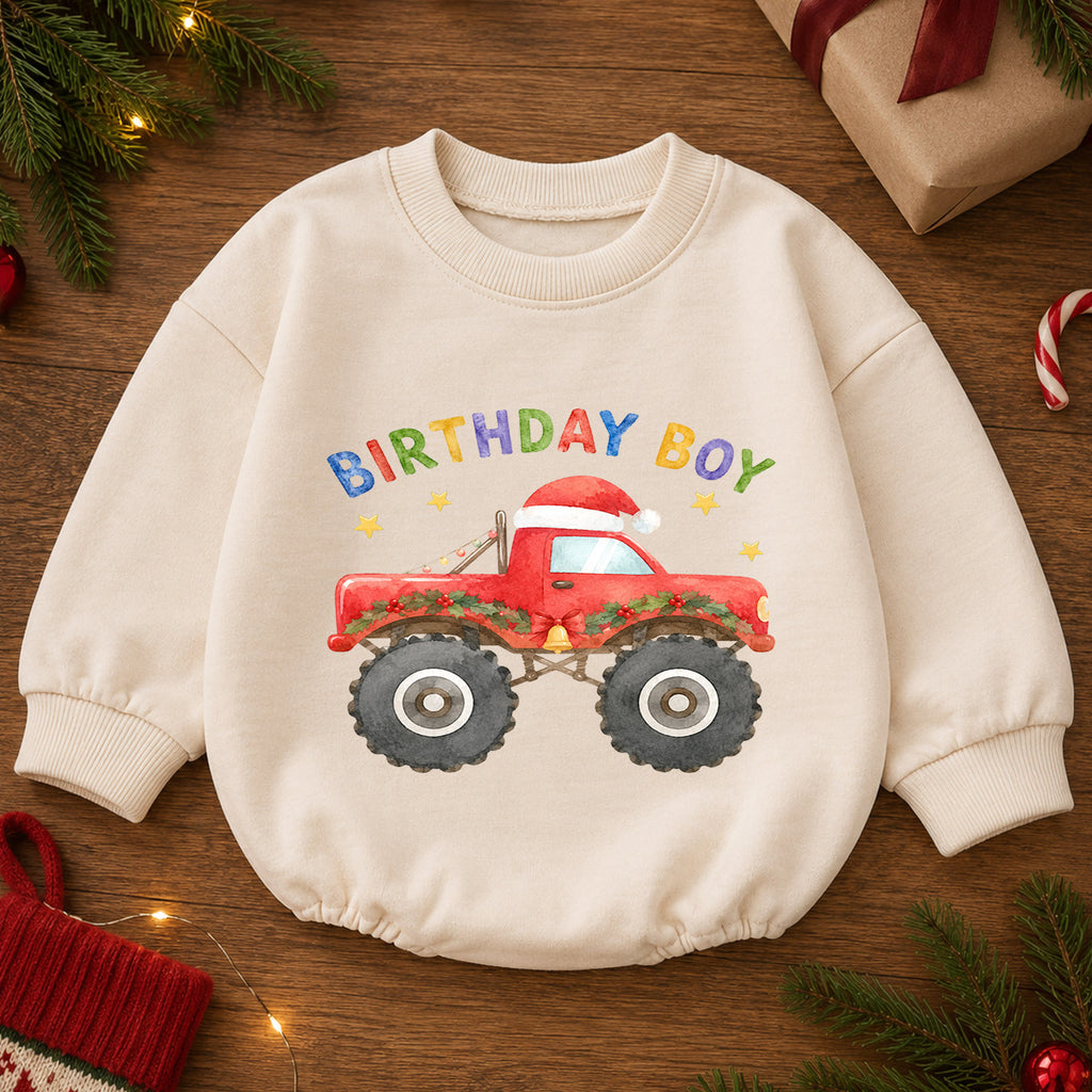 Christmas Birthday Boy Baby Romper, Red Monster Truck Holiday Outfit, Toddler Christmas Romper, 1st Birthday Gift for Boy — product view 2