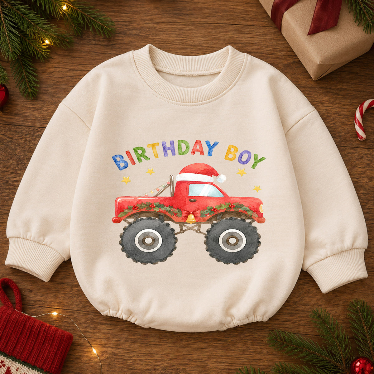Christmas Birthday Boy Baby Romper, Red Monster Truck Holiday Outfit, Toddler Christmas Romper, 1st Birthday Gift for Boy — product view 2