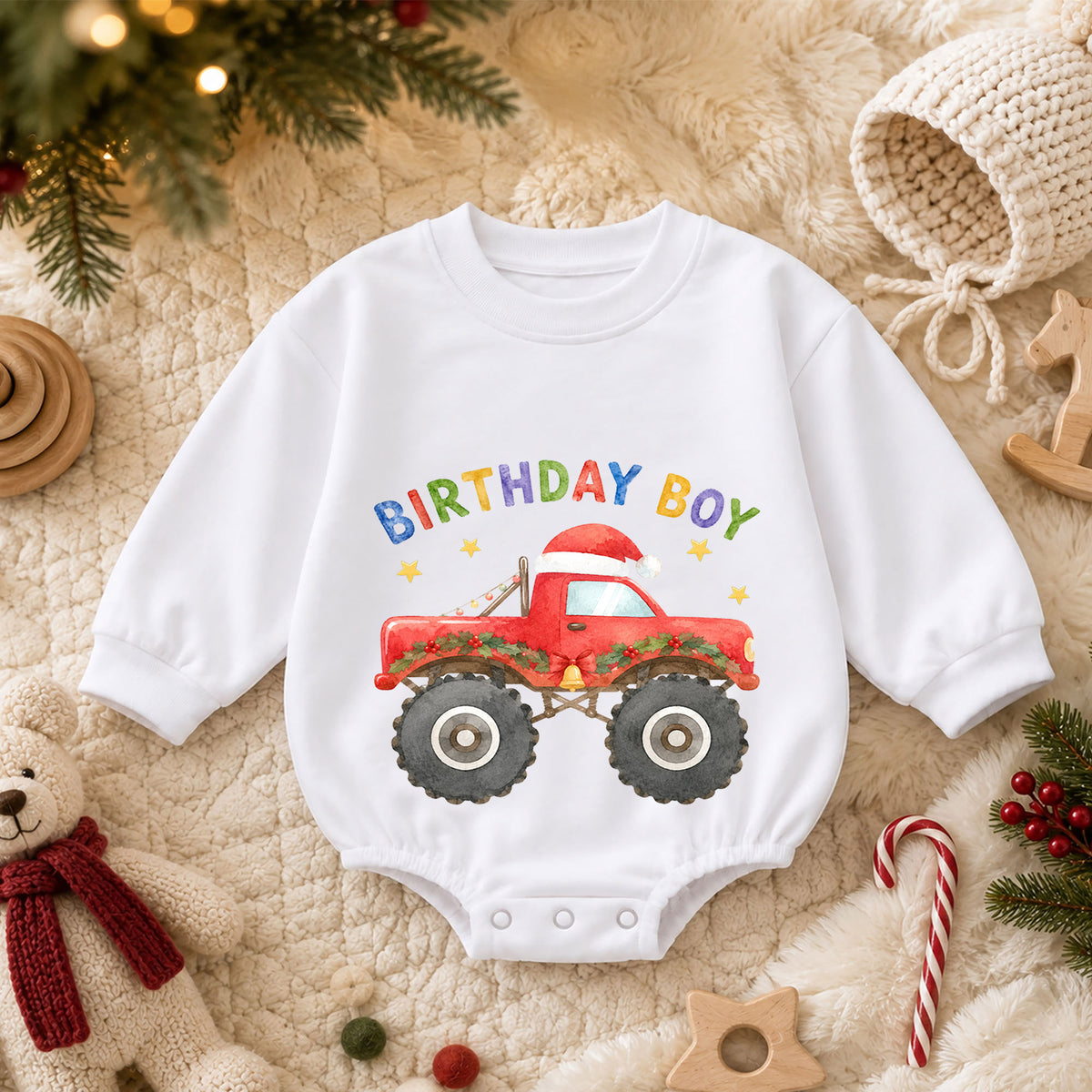Christmas Birthday Boy Baby Romper, Red Monster Truck Holiday Outfit, Toddler Christmas Romper, 1st Birthday Gift for Boy — product view 3
