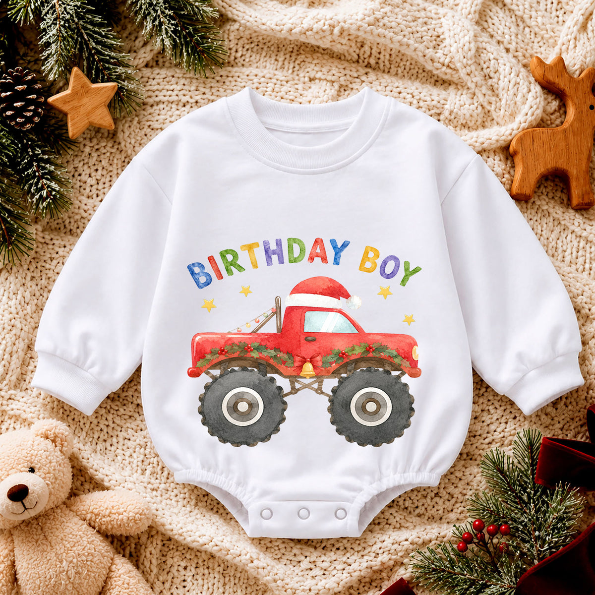 Christmas Birthday Boy Baby Romper, Red Monster Truck Holiday Outfit, Toddler Christmas Romper, 1st Birthday Gift for Boy — product view 4