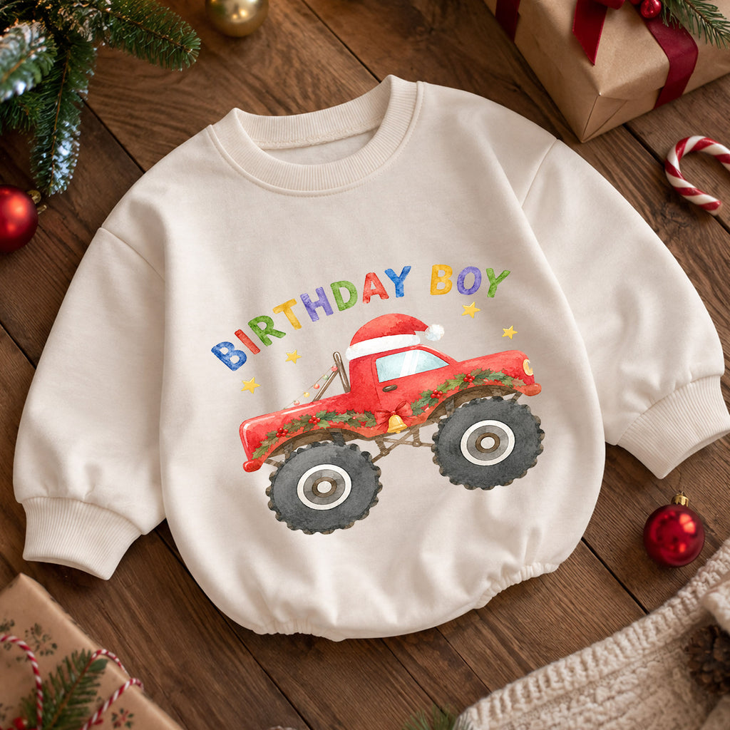 Christmas Birthday Boy Baby Romper, Red Monster Truck Holiday Outfit, Toddler Christmas Romper, 1st Birthday Gift for Boy — product view 5