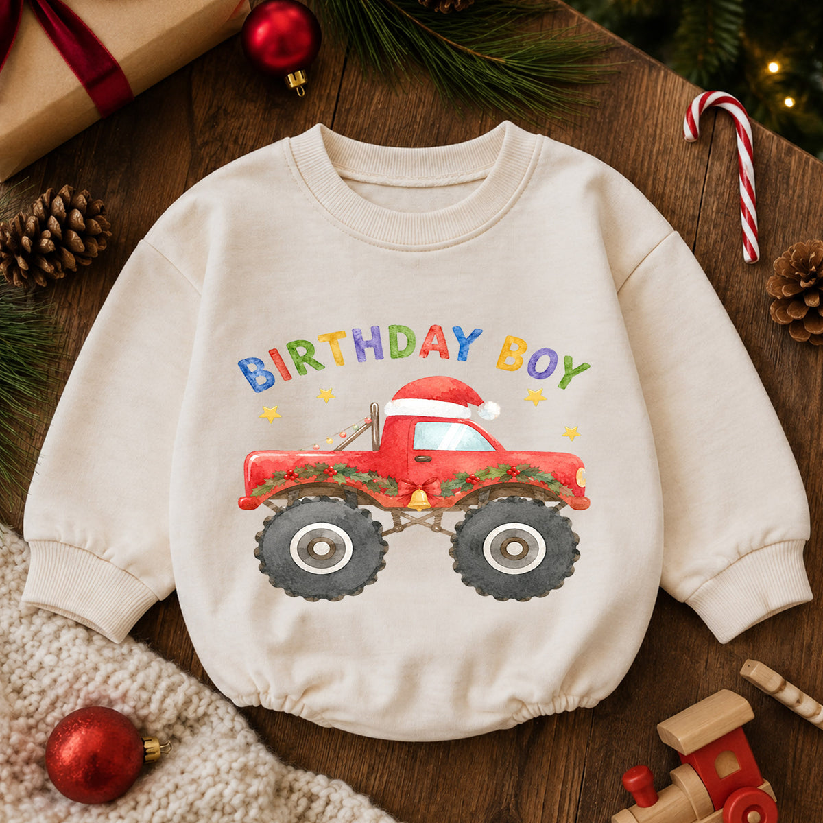 Christmas Birthday Boy Baby Romper, Red Monster Truck Holiday Outfit, Toddler Christmas Romper, 1st Birthday Gift for Boy — product view 6