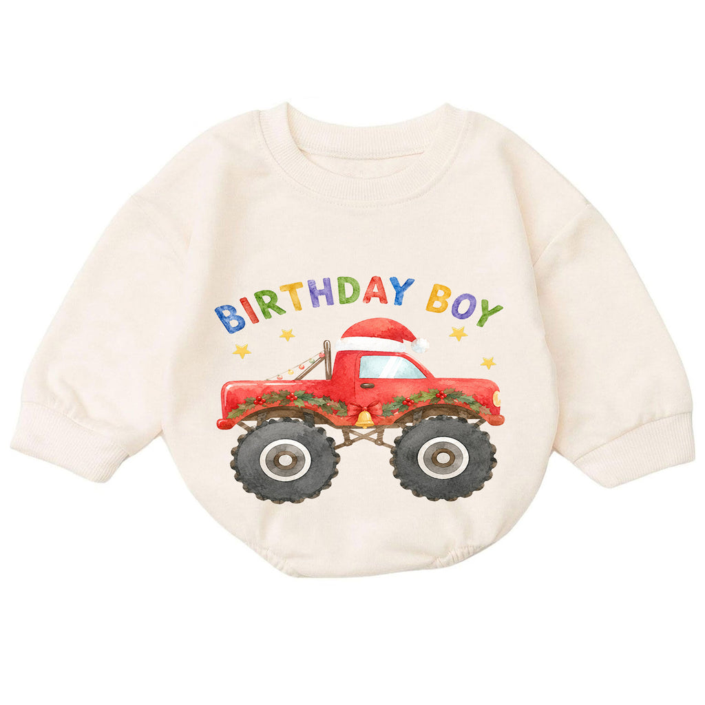 Christmas Birthday Boy Baby Romper, Red Monster Truck Holiday Outfit, Toddler Christmas Romper, 1st Birthday Gift for Boy — product view 7