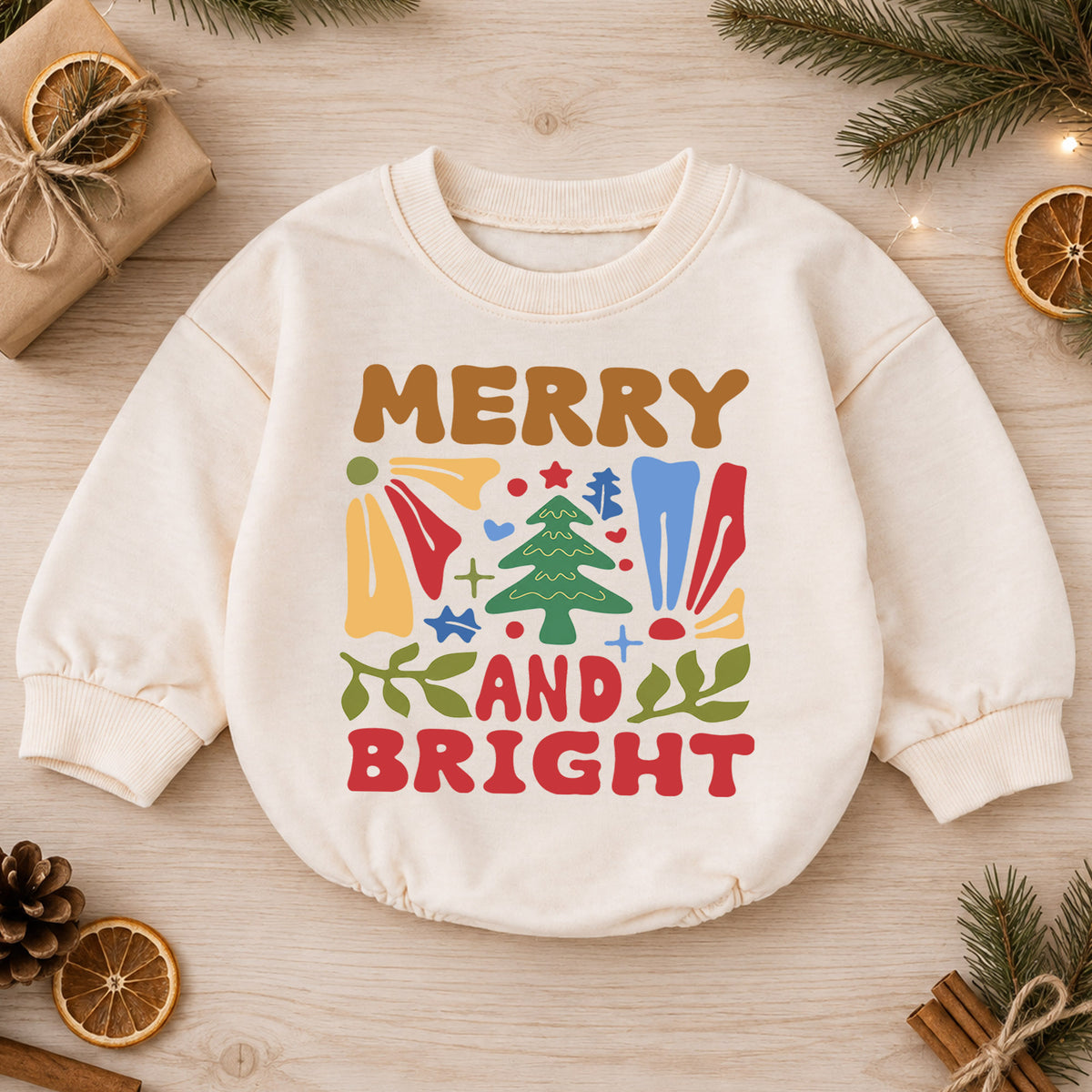 Merry and Bright Christmas Baby Romper, Retro Christmas Tree Outfit, Toddler Holiday Romper, Cute 1st Christmas Gift for Baby — product view 1