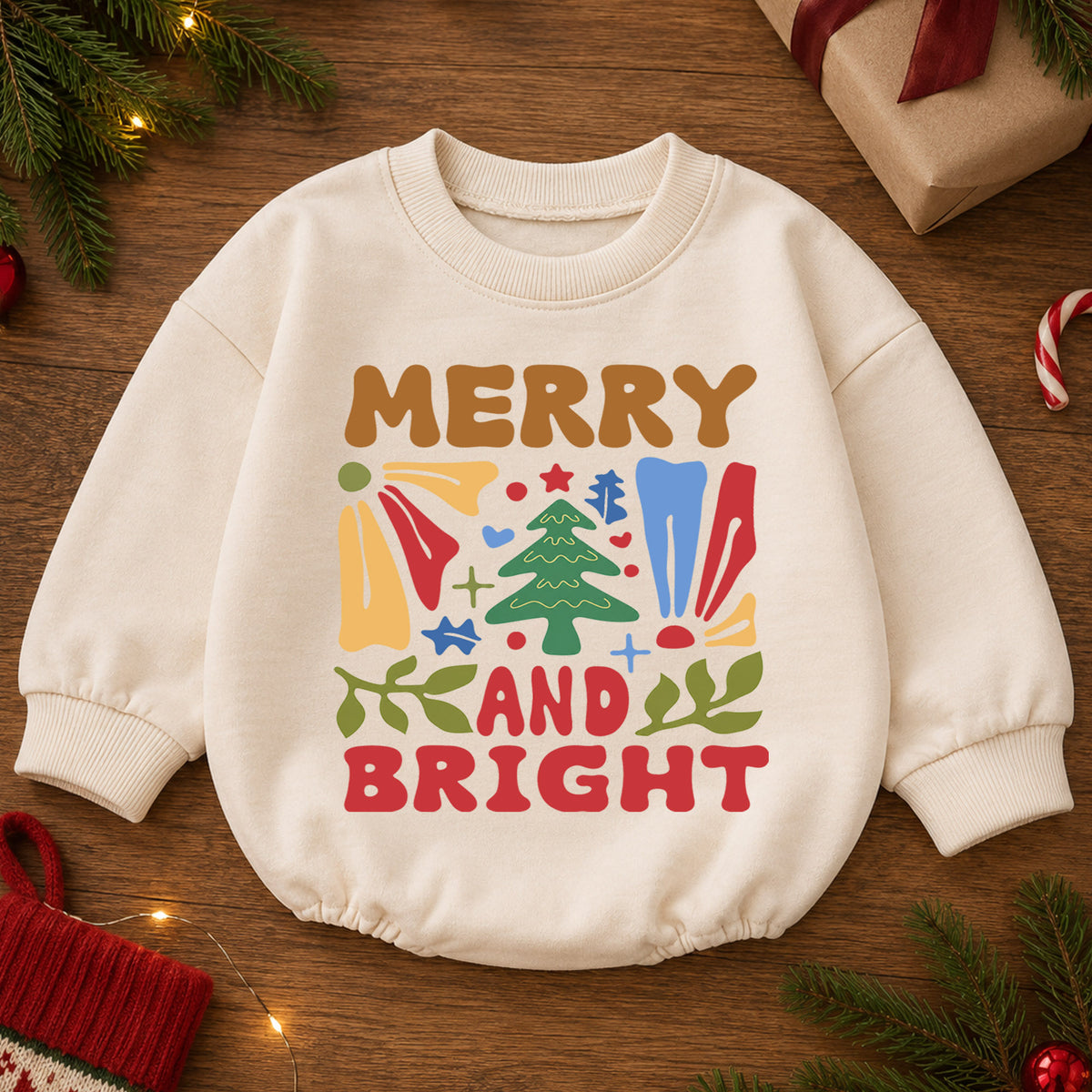Merry and Bright Christmas Baby Romper, Retro Christmas Tree Outfit, Toddler Holiday Romper, Cute 1st Christmas Gift for Baby — product view 2