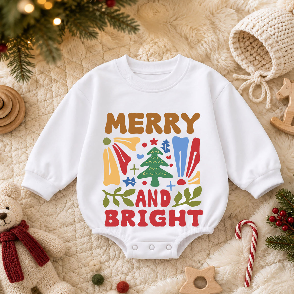 Merry and Bright Christmas Baby Romper, Retro Christmas Tree Outfit, Toddler Holiday Romper, Cute 1st Christmas Gift for Baby — product view 3