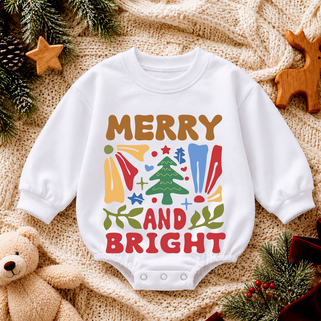 Merry and Bright Christmas Baby Romper, Retro Christmas Tree Outfit, Toddler Holiday Romper, Cute 1st Christmas Gift for Baby — product view 4