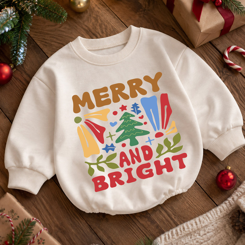 Merry and Bright Christmas Baby Romper, Retro Christmas Tree Outfit, Toddler Holiday Romper, Cute 1st Christmas Gift for Baby — product view 5