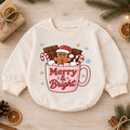 Merry and Bright Christmas Baby Romper, Gingerbread Hot Cocoa Outfit, Pink Holiday Toddler Romper, Cute 1st Christmas Gift — product view 1