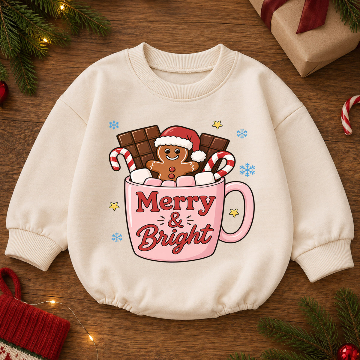 Merry and Bright Christmas Baby Romper, Gingerbread Hot Cocoa Outfit, Pink Holiday Toddler Romper, Cute 1st Christmas Gift — product view 2