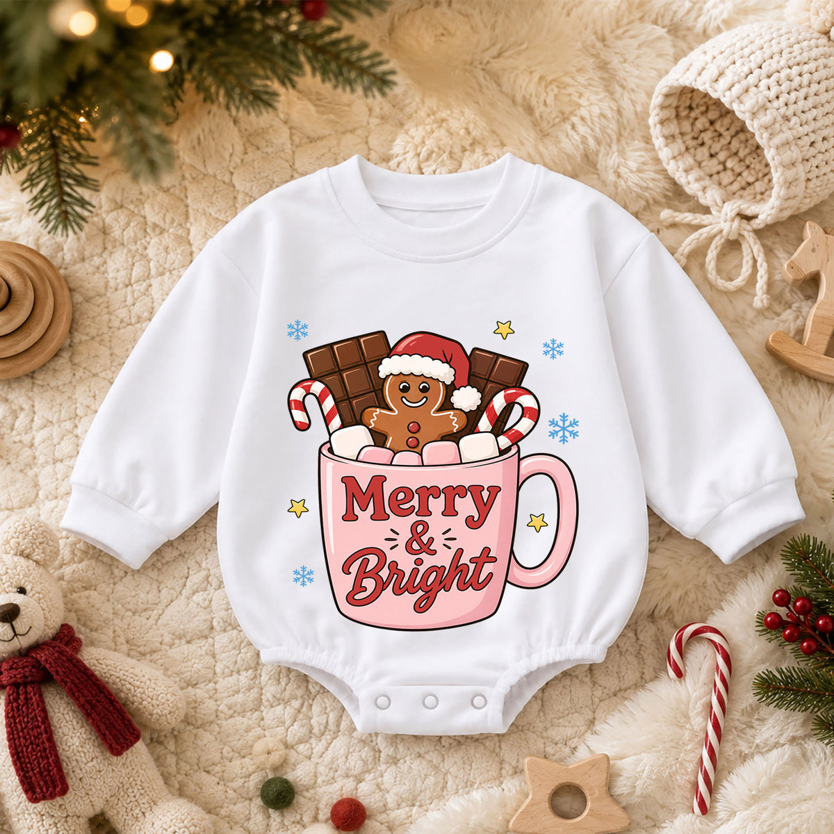 Merry and Bright Christmas Baby Romper, Gingerbread Hot Cocoa Outfit, Pink Holiday Toddler Romper, Cute 1st Christmas Gift — product view 3