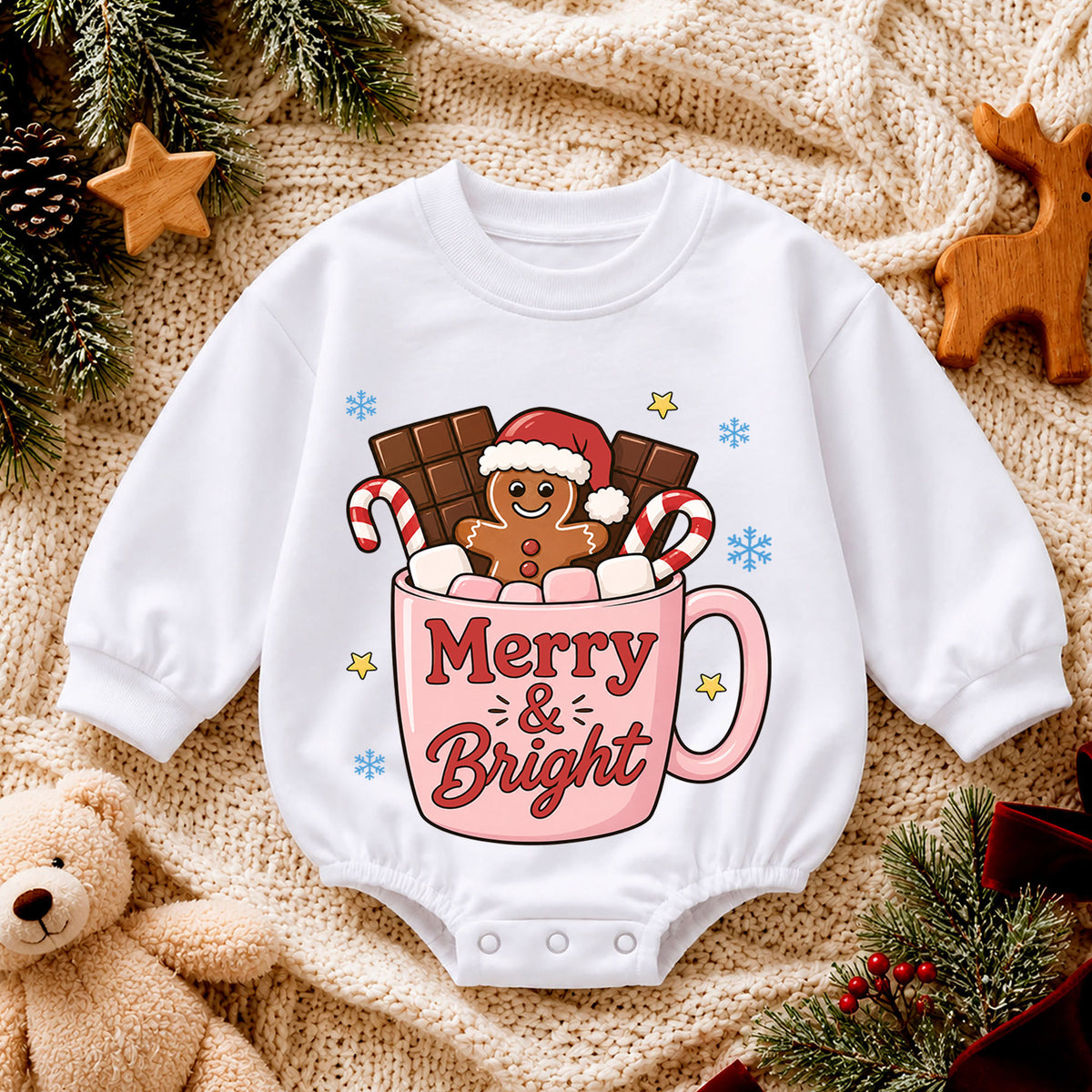 Merry and Bright Christmas Baby Romper, Gingerbread Hot Cocoa Outfit, Pink Holiday Toddler Romper, Cute 1st Christmas Gift — product view 4