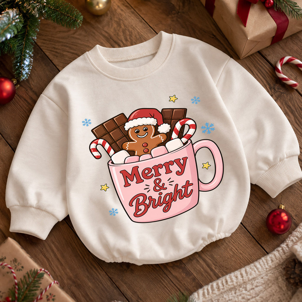 Merry and Bright Christmas Baby Romper, Gingerbread Hot Cocoa Outfit, Pink Holiday Toddler Romper, Cute 1st Christmas Gift — product view 5