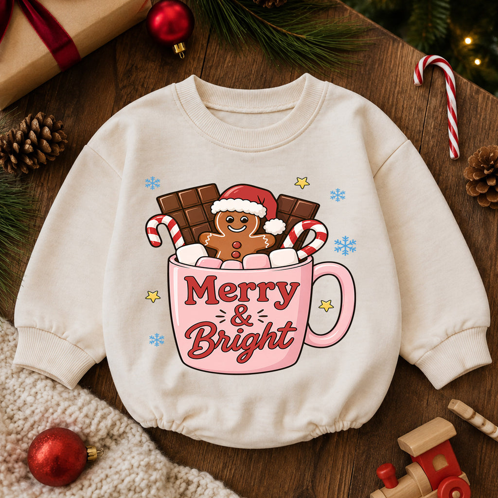 Merry and Bright Christmas Baby Romper, Gingerbread Hot Cocoa Outfit, Pink Holiday Toddler Romper, Cute 1st Christmas Gift — product view 6