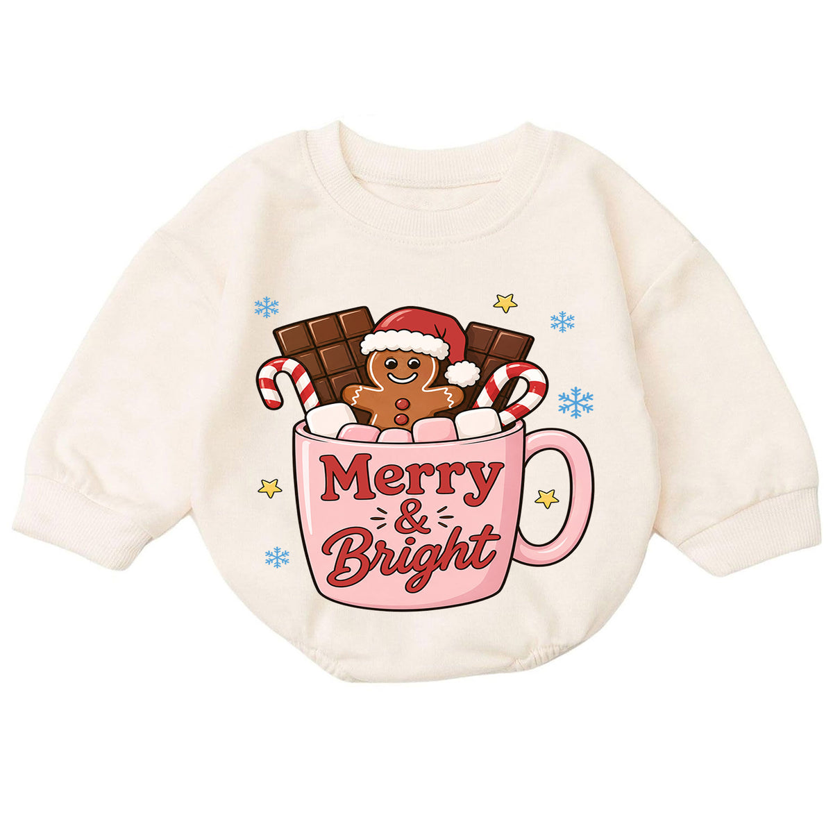 Merry and Bright Christmas Baby Romper, Gingerbread Hot Cocoa Outfit, Pink Holiday Toddler Romper, Cute 1st Christmas Gift — product view 7