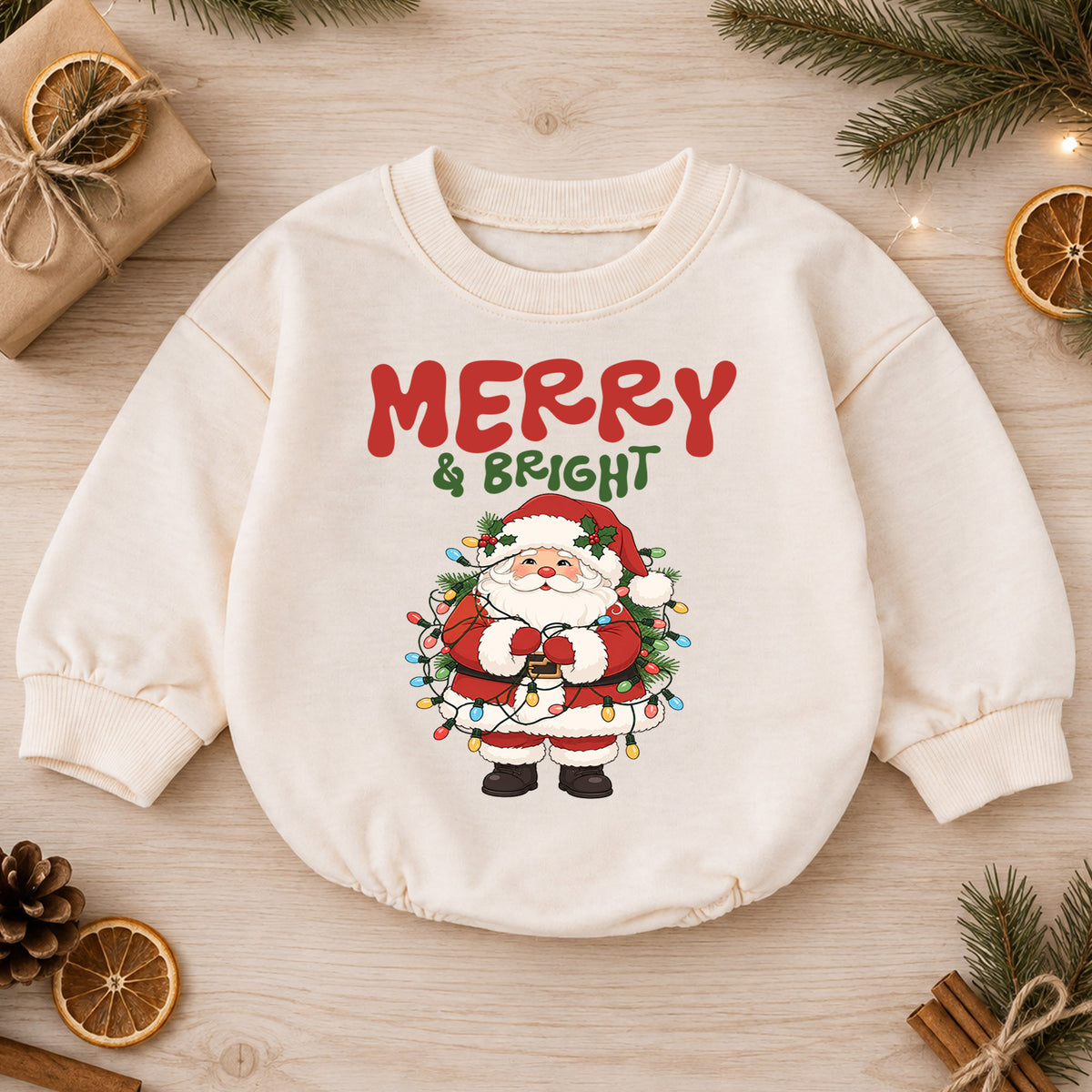 Merry and Bright Santa Baby Romper, Christmas Lights Holiday Outfit, Toddler Christmas Romper, Cute 1st Christmas Gift for Baby — product view 1