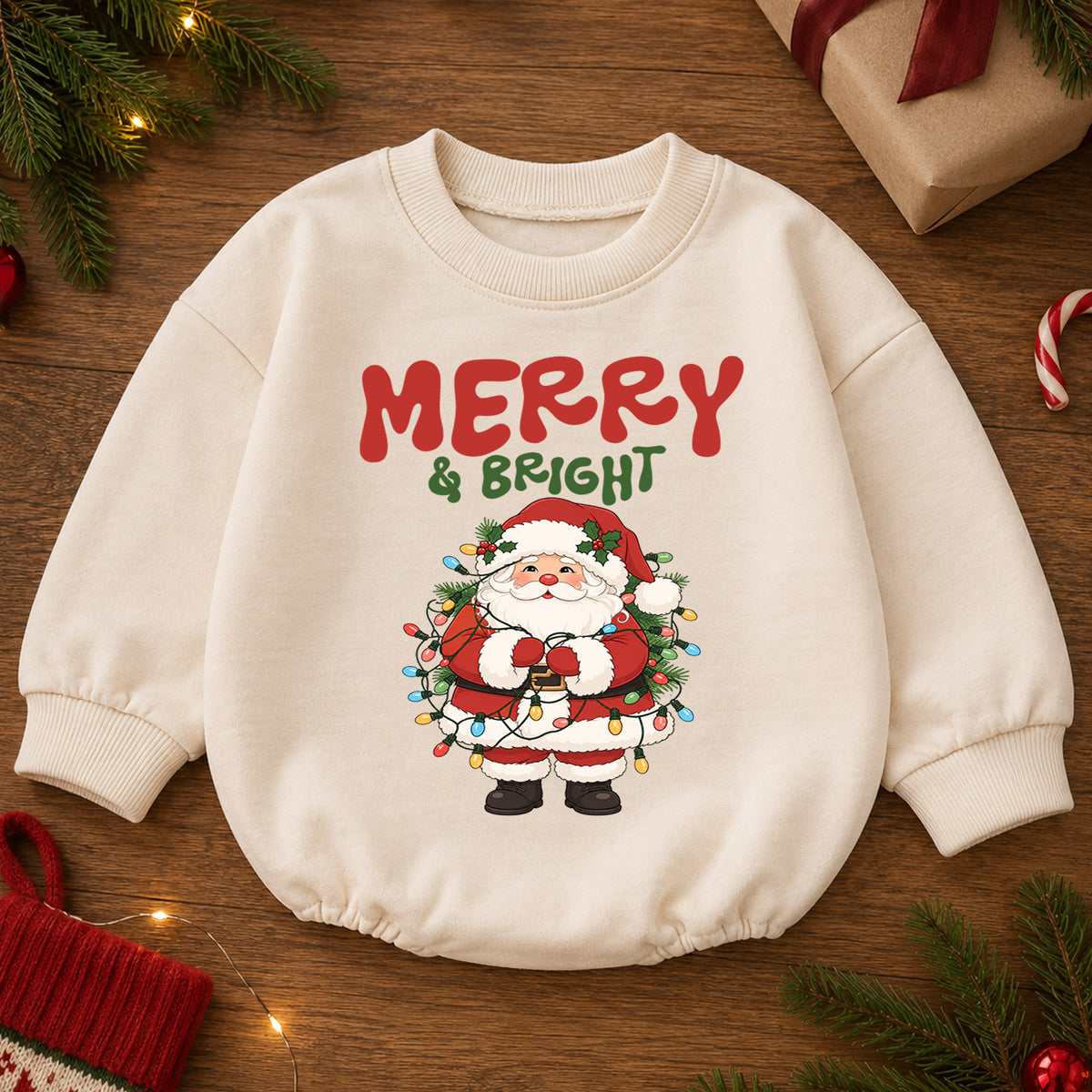 Merry and Bright Santa Baby Romper, Christmas Lights Holiday Outfit, Toddler Christmas Romper, Cute 1st Christmas Gift for Baby — product view 2