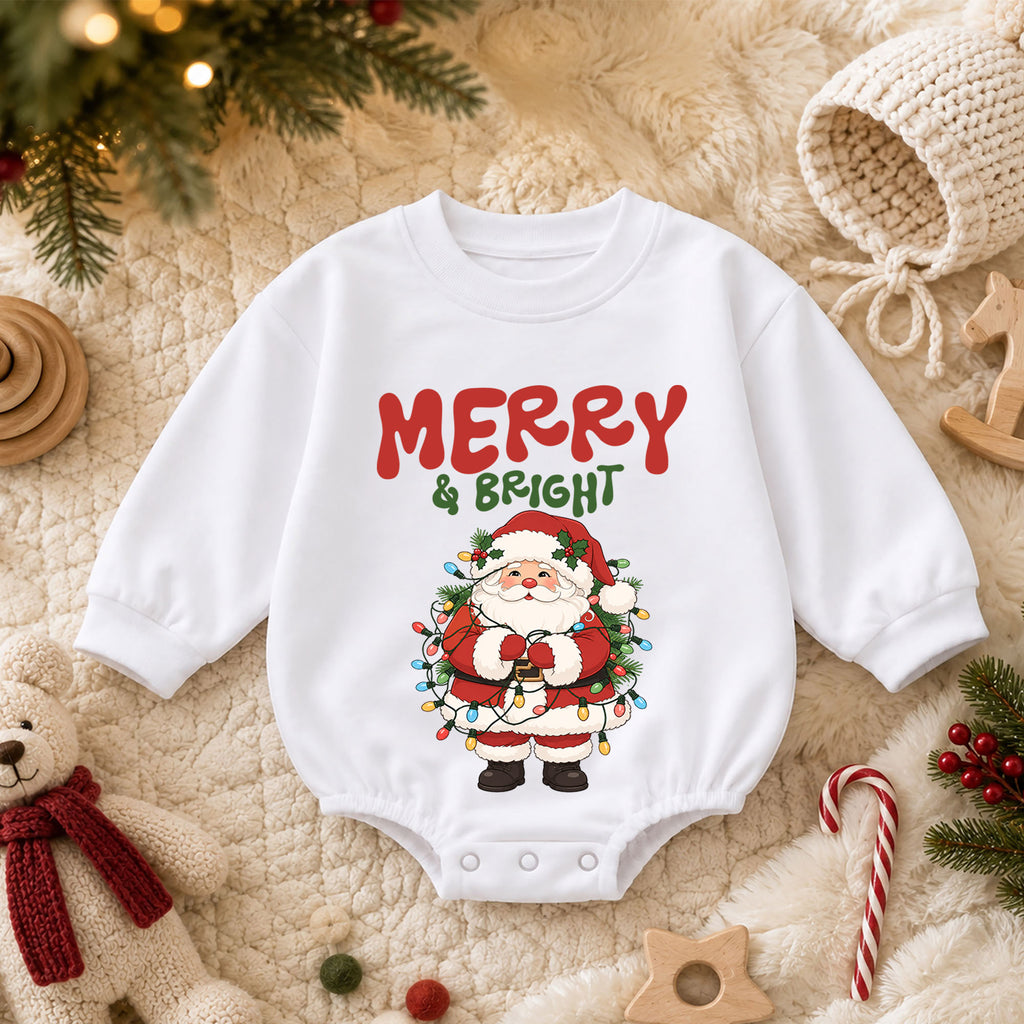 Merry and Bright Santa Baby Romper, Christmas Lights Holiday Outfit, Toddler Christmas Romper, Cute 1st Christmas Gift for Baby — product view 3